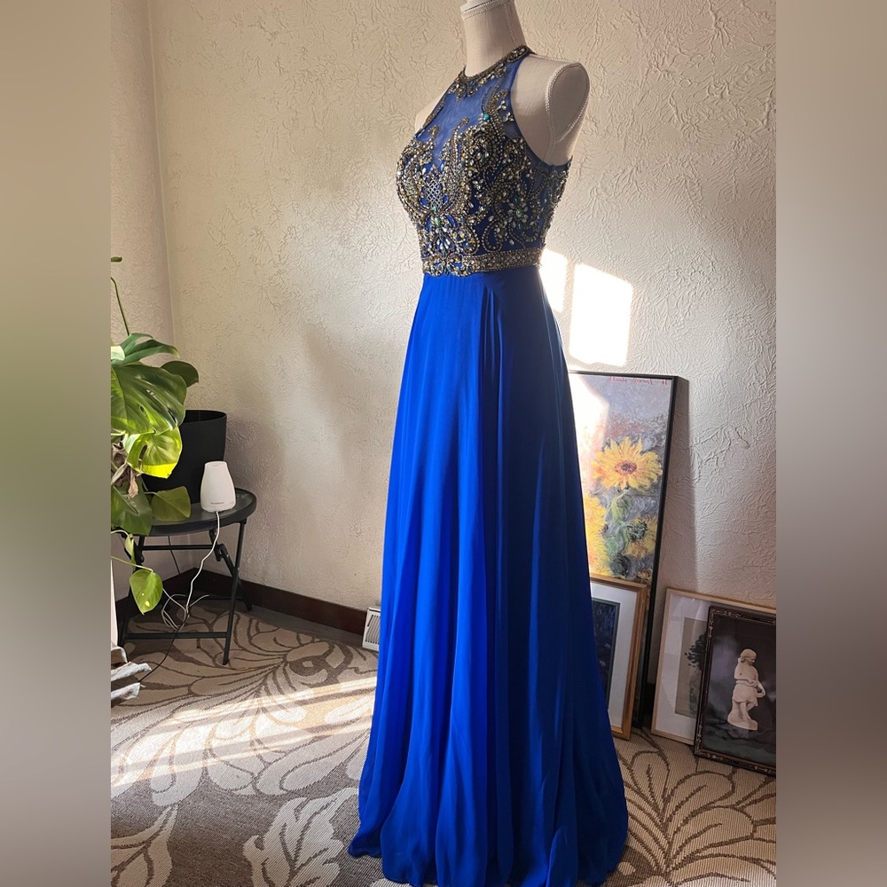 Tiffany Designs Blue Halter Prom Gown